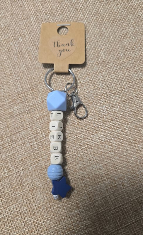 Damen Schlüsselanhänger mit Perlen „LIEBE“ – Blau und Beige