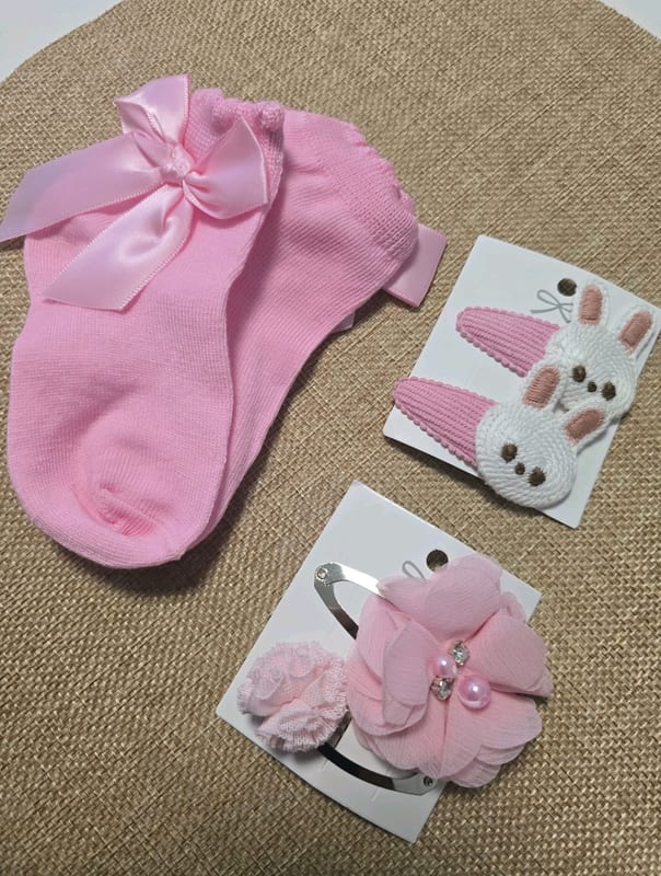 Mädchen Rosa Söckchen mit Schleife und Haarspangen-Set – Einheitsgröße