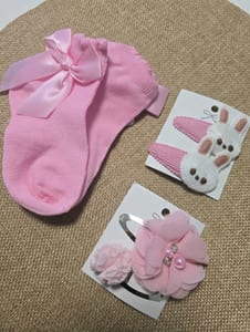 Mädchen Rosa Söckchen mit Schleife und Haarspangen-Set – Einheitsgröße