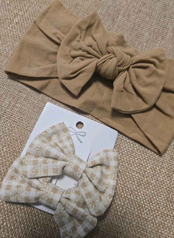 Mädchen Haarband mit Schleife und Haarschleife im Karomuster – Set – Einheitsgröße – Beige – Bild 2 von 2