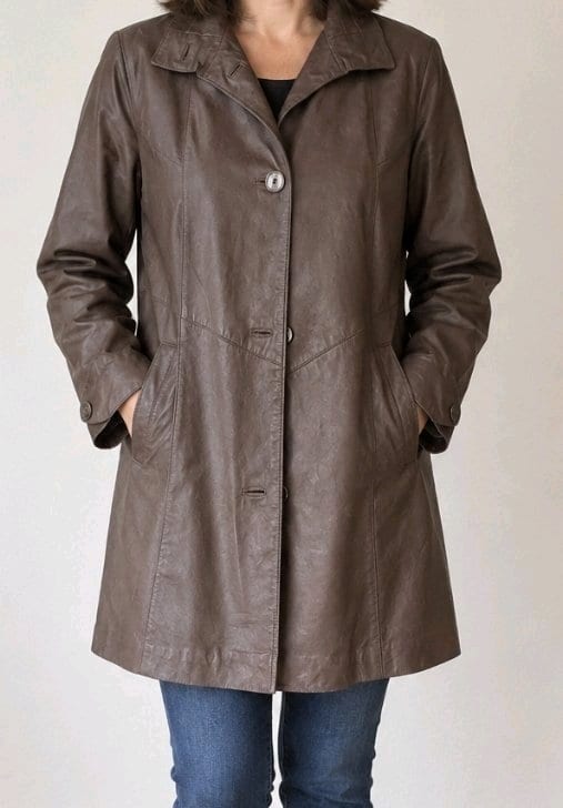 Damen Lederjacke Mantel knielang braun – Größe 40