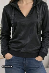 Damen Schwarzer Bluse mit V-Ausschnitt und Kordelzug – glänzend von Someday – Größe 38