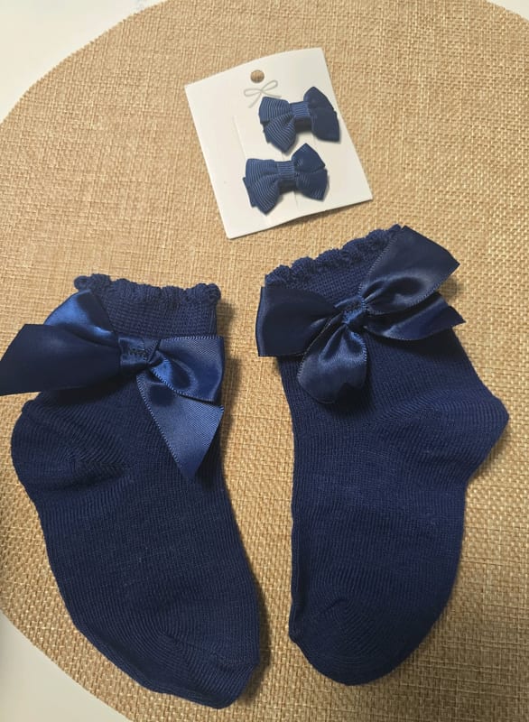 Mädchen Marineblaue Socken mit Schleife und Haarschleifen-Set – Einheitsgröße