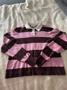 Damen Gestreifter Poloshirt-Pullover mit weißem Kragen – Größe XS – Rosa/Braun – Bild 2 von 2