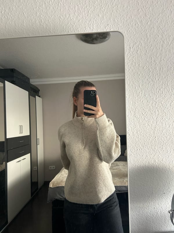 Damen Strickpullover mit Halbreißverschluss, Beige – Größe S